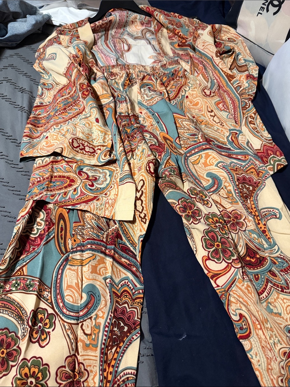 SHEIN Paisley Print Matching Pantsuit in Cream, Teal & Rust